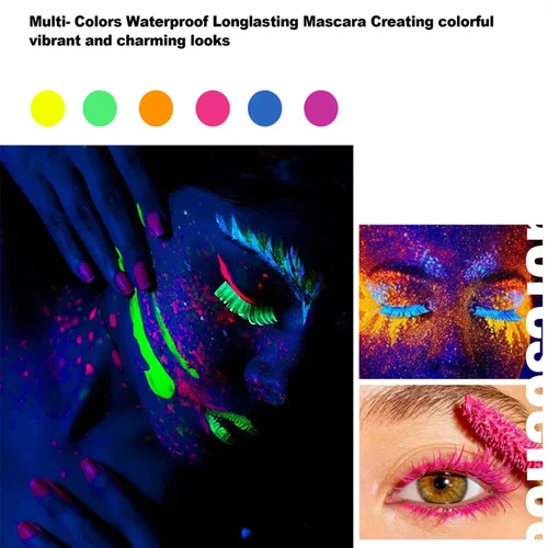 Miniatura 5 de Máscara de pestañas neón de 6 colores, luz negra, impermeable, resistente a las manchas, para uso diario y Halloween, Navidad (juego 01)