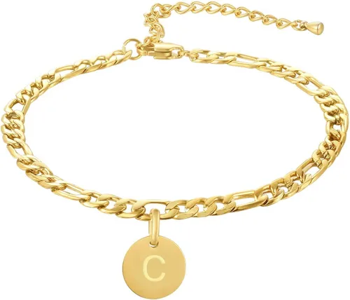 Miniatura 2 de FOSIR Pulseras de tobillo con inicial de moneda para mujer, chapado en oro de 18 quilates de acero inoxidable Figaro