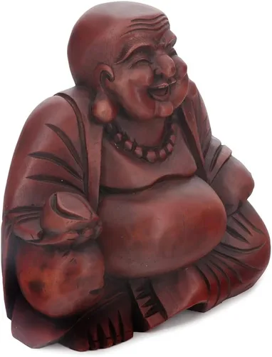 Miniatura 7 de Buddha Groove Estatua de Buda feliz de Polystone Hotei con acabado de caoba para uso en interiores