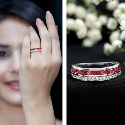 Miniatura 11 de Anillo de media eternidad de diamantes y rubí de 1.25 quilates para mujer Calidad AAA