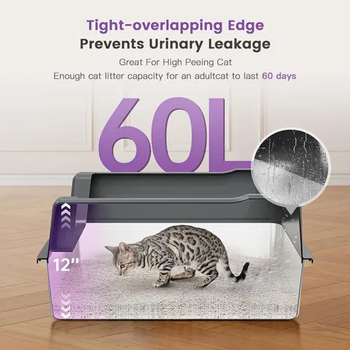 Miniatura 3 de Caja de arena extragrande XXL de acero inoxidable para gatos con tapa, 26" L x 18" W x 12" H caja de arena de metal con lados altos para gatos