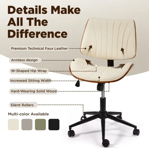 Miniatura 4 de EROMMY Silla de escritorio de oficina sin brazos, con respaldo de madera, silla de escritorio de oficina pequeña, sin brazos, altura ajustable, Beige