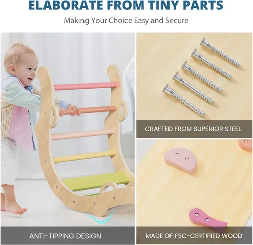 Miniatura 7 de BlueWood Conjunto de Triángulo Pikler, Juguetes de Escalada de Madera para Niños Pequeños para Interiores, Escalador Plegable 7 en 1 para Niños