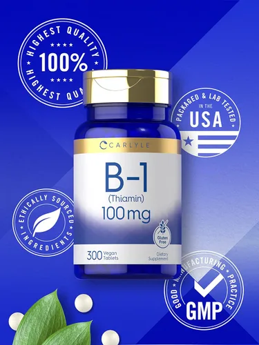 Miniatura 5 de Carlyle Vitamina B1 de 100 mg 300 tabletas Suplemento para mujeres y hombres como tiamina HCl Vegano, sin OMG y sin gluten