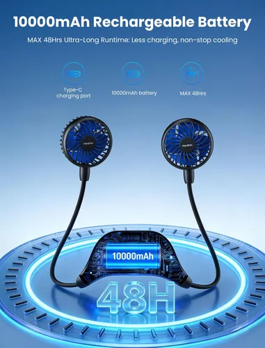 Miniatura 7 de HandFan Ventilador de cuello de 10000 mAh, rotación de 360°, ventiladores portátiles manos libres para tu cuello, 48 horas de duración, recargable
