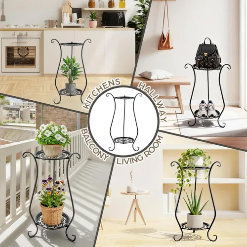 Miniatura 6 de Soporte para plantas de metal resistente de 2 niveles Soporte redondo para plantas en maceta para interiores y exteriores, estante de exhibición