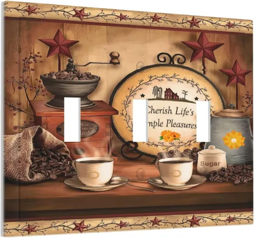 Farmhouse Coffee Primitive Coffee Bean Kitchen 3 Gang Triple Interruptor de Luz de Palanca Cubierta de Placa de Pared Placa Frontal Eléctrica Café
