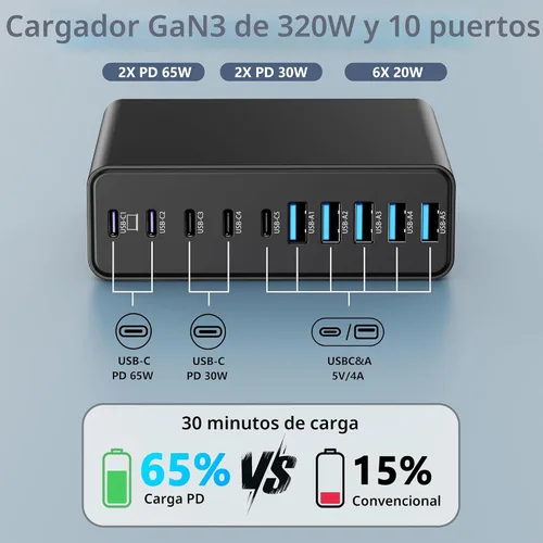 Miniatura 2 de Bloque de Cargador USB C de 320W, Estación de Carga de 10 Puertos USB C GaN III PD 65W Adaptador de Carga Rápida para Laptop para MacBook Pro/Air