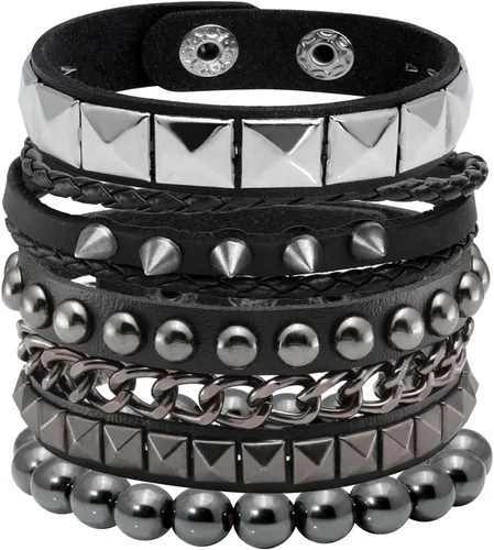 Miniatura 6 de Eigso Juego de 4 pulseras de cuero punk, con tachuelas de roca para hombres y mujeres, estilo retro, clásico, con pinchos, de metal, para hombre