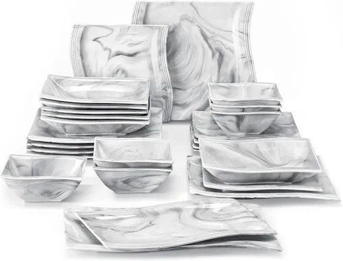 Miniatura 13 de MALACASA - Juegos de vajilla para 6, 30 piezas de platos y tazones de porcelana, juego de vajilla cuadrada con plato para cena y tazón, taza y Azul