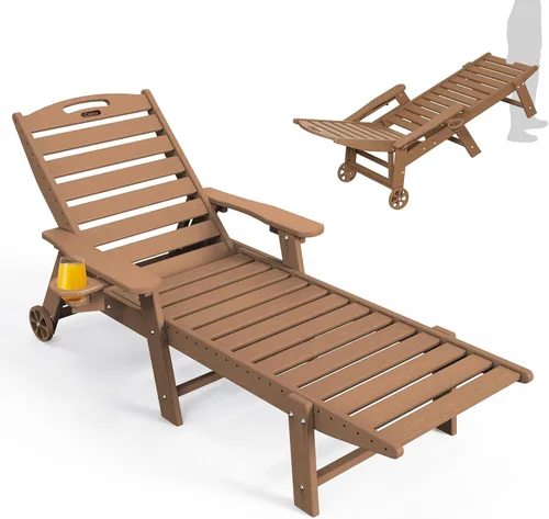 Miniatura 29 de Ciokea Silla de Descanso para Exteriores, Tumbona de Gran Tamaño con 5 Posiciones, HDPE, Silla de Descanso de Patio con Ruedas y Portavasos para Gris