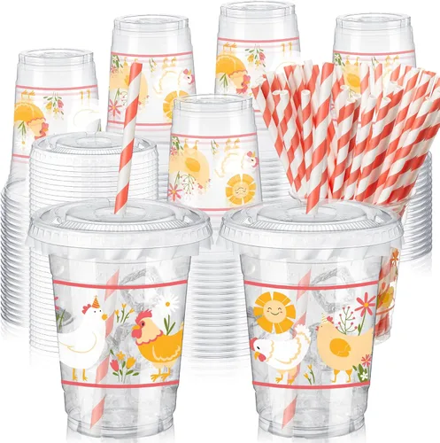 Miniatura 7 de FoldTier 50 piezas de tazas para noche de cine 12 oz Tazas de plástico desechables con pajitas y tapas, tazas transparentes para cine, tazas