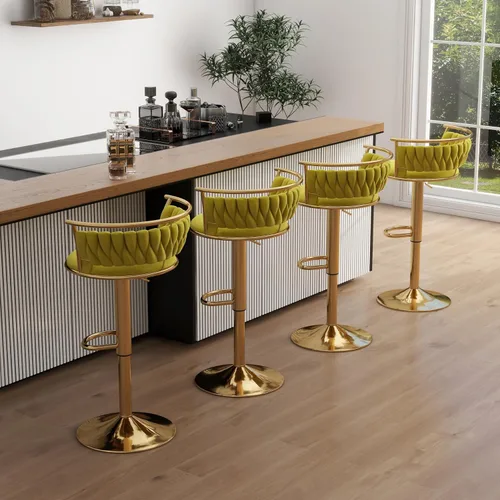 Miniatura 10 de Juego de 2 taburetes de bar giratorios de 360°, silla de bar de terciopelo ajustable a altura de mostrador moderna, taburete de metal plateado