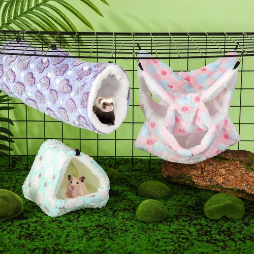 Miniatura 7 de Abbylike Hamaca para Ratas de 9 Piezas de 3 Niveles para Conejillo de Indias y Hurón, Túnel Colgante para Mascotas Pequeñas, Juguete Planeador, Cama