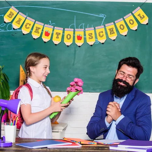 Miniatura 4 de Whaline Cartel de regreso a clases premontado, decoración colgante de bienvenida a la escuela, patrón de manzanas, patrón de primer día de escuela