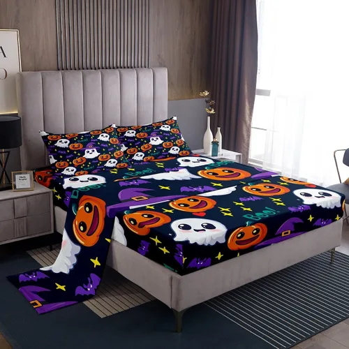 Miniatura 17 de Erosebridal Juego de sábanas de Halloween con diseño de fantasmas de dibujos animados, decoraciones de calabaza de Halloween, juego de sábanas