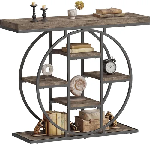 Miniatura 5 de HOMCOM Mesa de entrada, mesa de sofá consola de 39.4 pulgadas con estantes de almacenamiento y marco de acero circular, mesas decorativas de madera