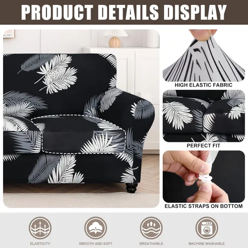 Miniatura 2 de SearchI Funda elástica para sofá con estampado, Fundas para sofá con diseño floral, 2 piezas de funda elástica para sillón con funda de cojín
