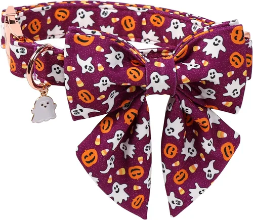 Miniatura 15 de DOGWONG Collar de otoño para perro con lazo, collar de moño para perro de Acción de Gracias, collar ajustable de algodón de otoño con hoja de arce