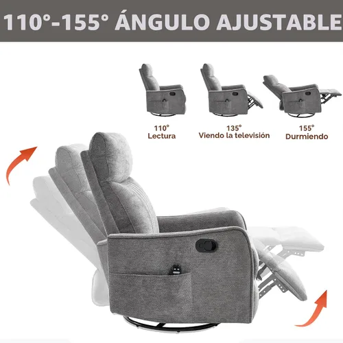 Miniatura 7 de Sillón reclinable de masaje de respaldo alto con calor, mecedora giratoria para espacios pequeños, sillón reclinable manual para adultos, perfecto