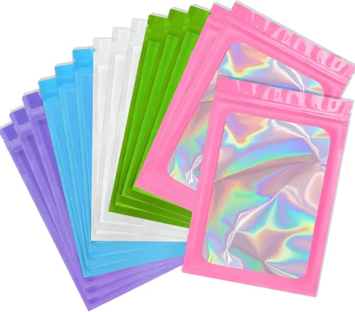 Bolsas holográficas Mylar de 4 x 6 pulgadas, 100 bolsas pequeñas transparentes resellables a prueba de olores, bolsa de embalaje de plástico para 5
