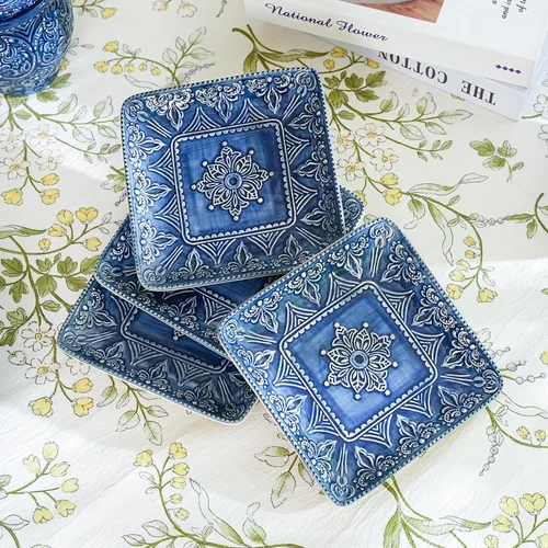 Miniatura 4 de Sungmor Vajilla fina de cerámica en relieve, porcelana de estilo barroco antiguo de 6 pulgadas, platos cuadrados para aperitivos, juego de 4, 4