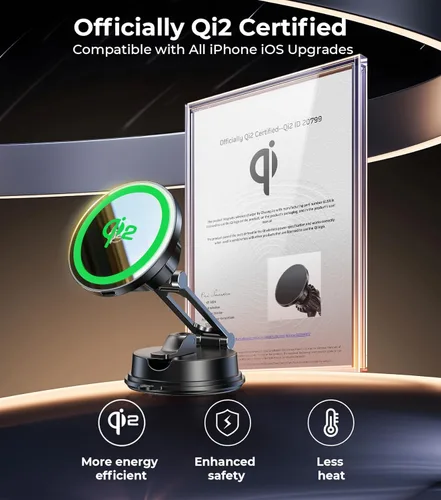Miniatura 2 de Cargador de teléfono de coche certificado Qi2 para MagSafe, brazo plegable y ajustable de 360°, soporte magnético universal para pantalla de espejo