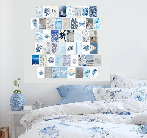 Miniatura 6 de Arte de pared de surf costero de playa, juego de 50 pósteres e impresiones de collage sin marco, decoración de pared de playa retro azul, decoración
