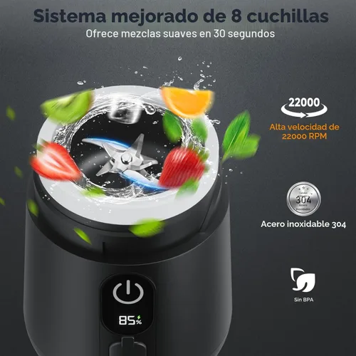 Miniatura 3 de Licuadora portátil, 8 cuchillas de tamaño personal para batidos, vaso exprimidor recargable USB C con pantalla LED, mini mezclador para viajes