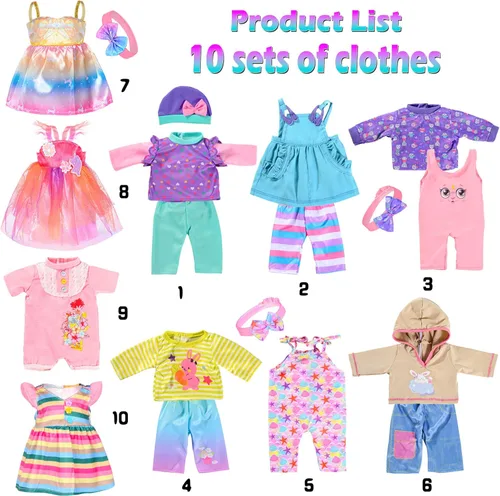 Miniatura 2 de 10 juegos de ropa y accesorios para muñecas que incluyen monos y atuendos para muñecas recién nacidas de 14 a 17 pulgadas (35 a 43 cm)