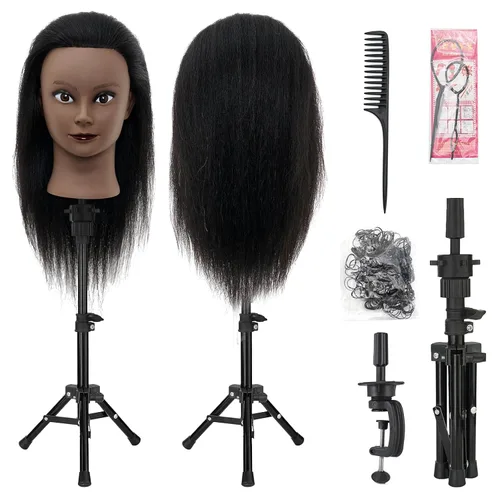 Miniatura 15 de Cabeza de maniquí de 28 pulgadas con 80 % cabello humano real, cabeza de muñeca para peinado, trenzado, rizado, cabeza de maniquí de cosmetología