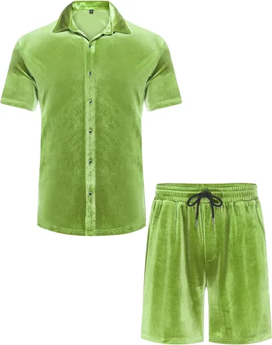 Miniatura 4 de LecGee Conjunto de pantalones cortos casuales de verano para hombre, camisa de terciopelo de manga corta con botones, pantalones cortos de cintura