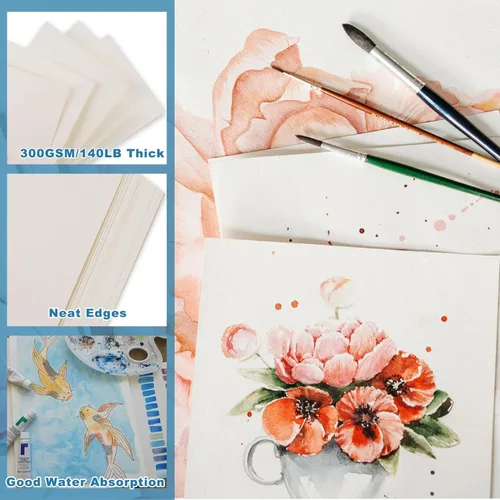 Miniatura 3 de 120 hojas de papel de acuarela, 8.5 x 11 pulgadas, 140 lb/300 GSM, papel de acuarela de prensa en frío, papel de acuarela a granel para artistas
