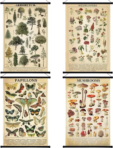 Miniatura 8 de Lewtemi Póster vintage de 4 piezas de arte de pared botánico de la naturaleza, flores silvestres, hojas, hierbas medicinales, árboles, póster