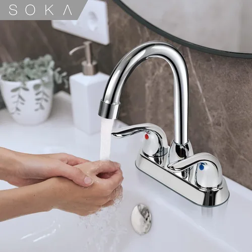Miniatura 2 de SOKA Grifo de baño central de dos asas para fregadero de acero inoxidable de arco alto con placa de cubierta y montaje de drenaje desplegable