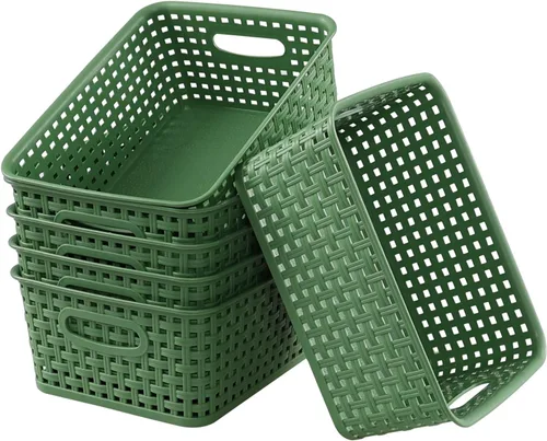 Miniatura 2 de Sadstory - Cesta de almacenamiento tejida de plástico verde oscuro, cesta de plástico para estantes, 6 paquetes
