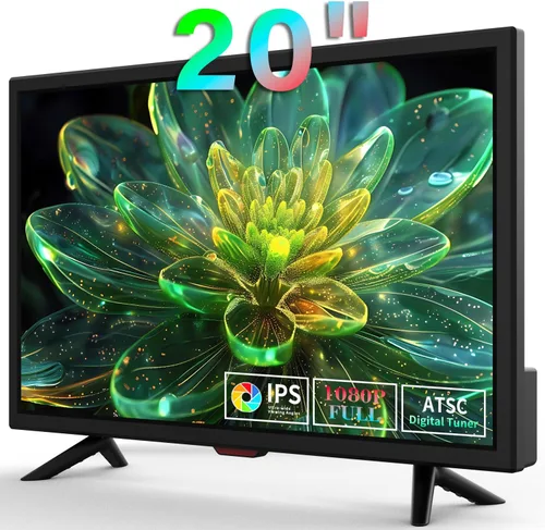 Jexiop TV de 20 pulgadas, ángulos de visión completos 1080P HD, TV digital de pared pequeña para la cocina - Puertos HDMI/USB - Alimentación dual