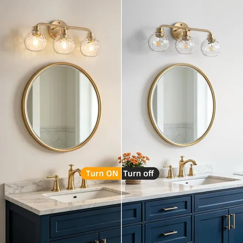 Miniatura 2 de Lámparas de baño doradas para tocador, 3 luces, apliques de pared, luces de latón cepillado con pantalla de vidrio martillado, lámpara de pared