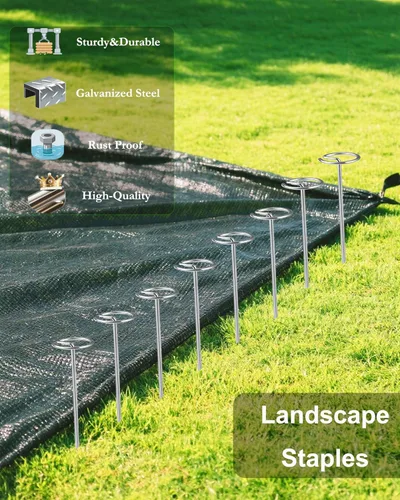 Miniatura 5 de 50 grapas de paisaje + 1 gancho de púa, estacas de tela de paisaje con parte superior circular, grapas de jardín galvanizadas de 6 pulgadas