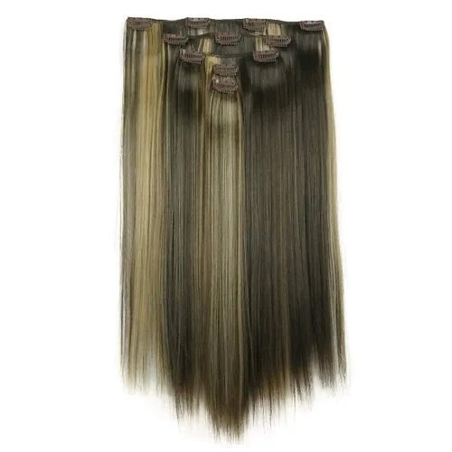 Miniatura 10 de Lydell Juego de 5 extensiones de cabello sintético con clip de 20 pulgadas de largo y lacio para mujer (12TT26 marrón con reflejos)