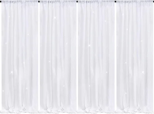 B-COOL Cortina de fondo de lentejuelas blancas: 4 piezas de tela brillante para fiesta de boda de 2 pies x 8 pies para decoraciones de fondo de