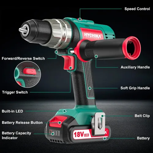 Miniatura 3 de HYCHIKA - Taladro de martillo inalámbrico de 18 V, taladro eléctrico de 400 In-lbs con mango auxiliar, mandril de metal de 1/2 pulgada, batería