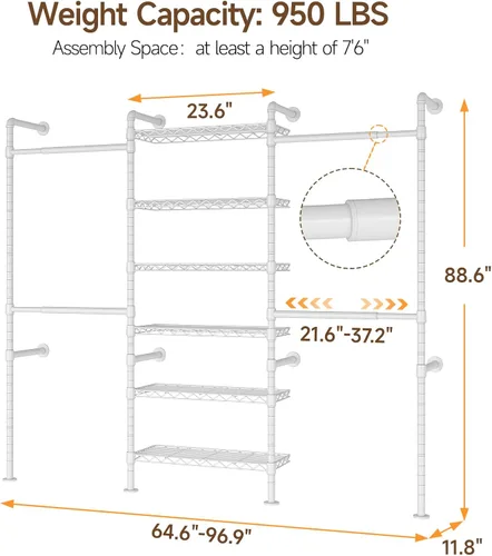 Miniatura 2 de ONBRILL H3 - Sistema de armario expandible para montaje en pared, organizador de armario de 5.4 pies a 8.1 pies con 4 varillas telescópicas y 6 Negro
