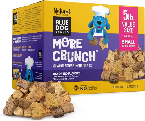 Blue Dog Bakery More Crunch - Pequeños sabores surtidos, galletas para perros, golosinas saludables, todo natural, tocino, pollo, queso, mantequilla