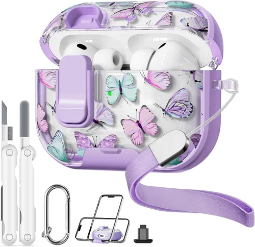 Miniatura 17 de con bloqueo de seguridad para funda de AirPods Pro 2ª 1ª generación, funda transparente floral linda para AirPods Pro 2 con soporte para teléfono