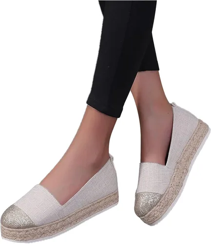Miniatura 7 de Hbeylia Alpargatas de plataforma para mujer, transpirables, de algodón y lino, con purpurina, con lentejuelas, puntera cerrada, zapatos de tacón