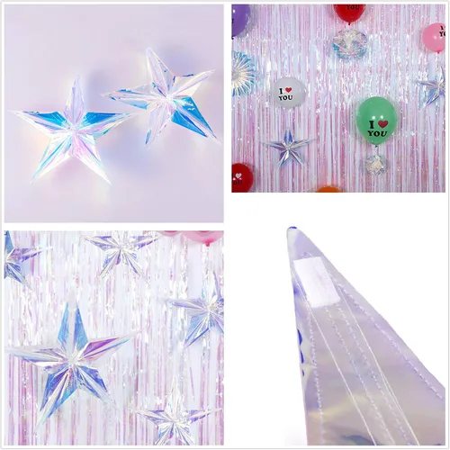 Adorno iridiscente de 12 pulgadas de diámetro, decoraciones colgantes de estrella, decoración plegable decorativa de papel de aluminio transparente,