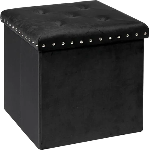 PINPLUS Otomano de almacenamiento plegable negro en forma de cubo, taburete pequeño de terciopelo con diseño de remaches, reposapiés acolchado para