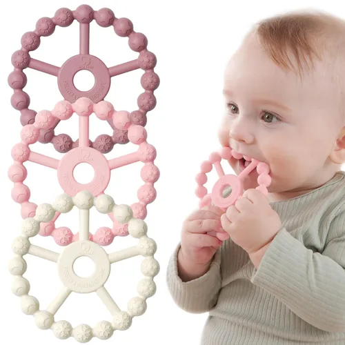 Miniatura 7 de Paquete de 3 Mordedores de Anillo Juguetes para Bebés e Infantes, Artículos Esenciales para Bebés, Juguetes de Anillo de Dentición de Silicona