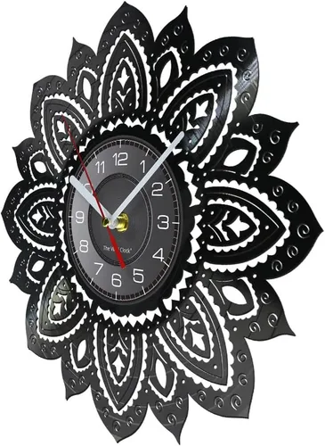 Miniatura 2 de Reloj de pared de disco de vinilo con forma de loto de mandala de 12 pulgadas, diseño moderno de flor, silencioso, de cuarzo, sin tictac, reloj